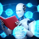 3D illustration of robot humanoid reading book