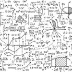 Math education pattern with handwritten formulas, tasks, plots, calculations and geometrical figures