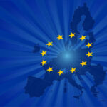 Europe map and European Union flag with sun rays effect. Friends