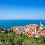 High angle view of the town Piran, Slovenia on the body of the Mediterranean
