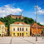 Academia Philarmonic on Congress square and Old castle Ljubljana Slovenia