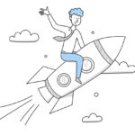 Businessman flying on rocket in sky, career boost