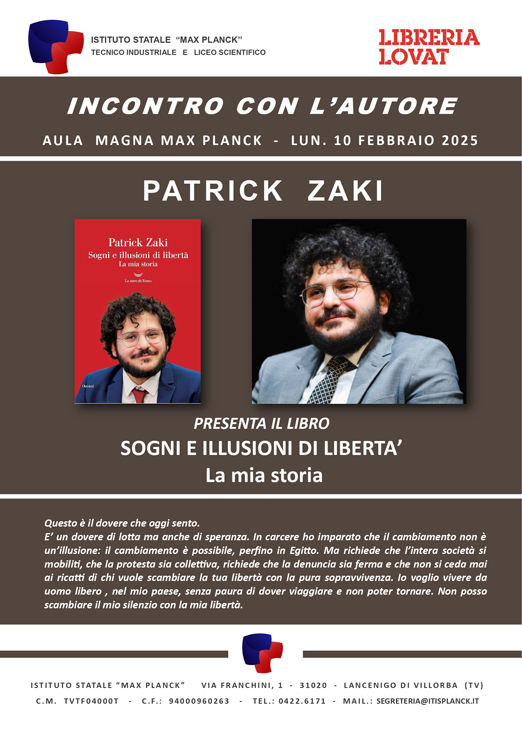 Locandina dell'incontro con Patrick Zaki all'Istituto Planck