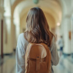 A student walks through a historic building’s corridor with a ba